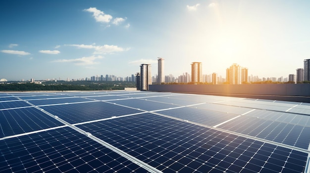 solar panels on a roof with a city in the background