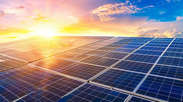 solar panels on a roof with a sunset in the background