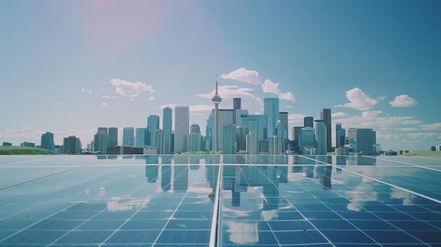 Photo solar panels on a rooftop with a cityscape in the background symbolizing sustainable energy and modern urban development