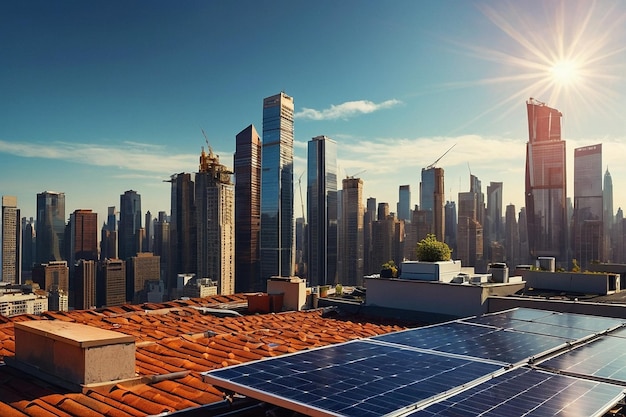 Photo solar panels on a rooftop with cityscape background