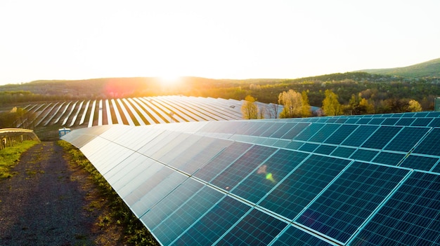 Solar panels solar cell in solar farm with sun lighting to create the clean electric power