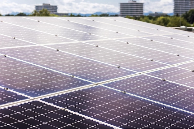 Solar Panels Station on Skyscapers Background Solar Panel Close up Solar System on City Background