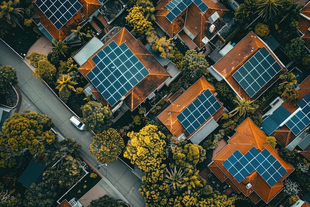 Photo solar panels on suburban rooftops captured from above by drone