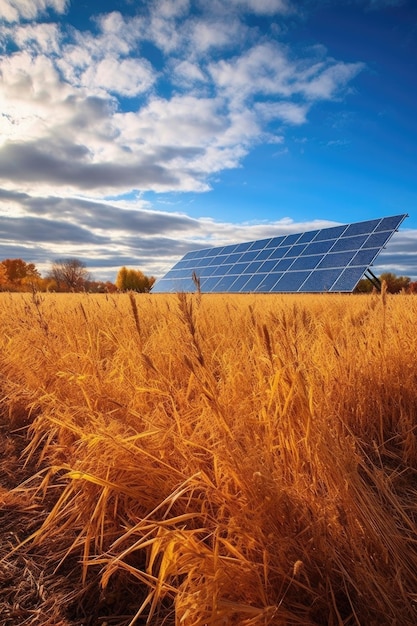 Solar panels in a sunlit field with blue sky created with generative ai