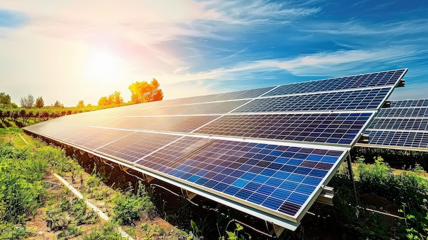 Solar Panels on Sunny Day in Field