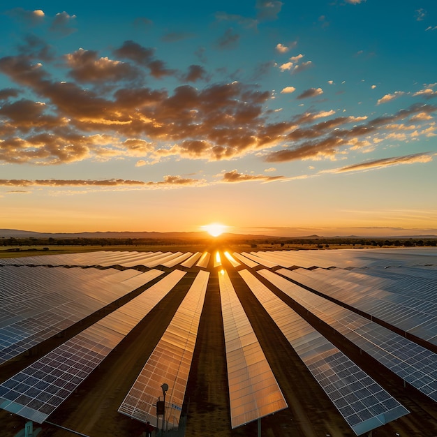 Solar Panels at Sunset Aerial View Clean Energy