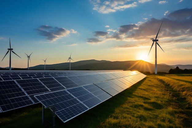 Solar Panels and Turbine Against a Clear Blue Sky in an EcoFriendly Environment Generative Ai