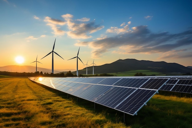 Solar Panels and Turbine Against a Clear Blue Sky in an EcoFriendly Environment Generative Ai