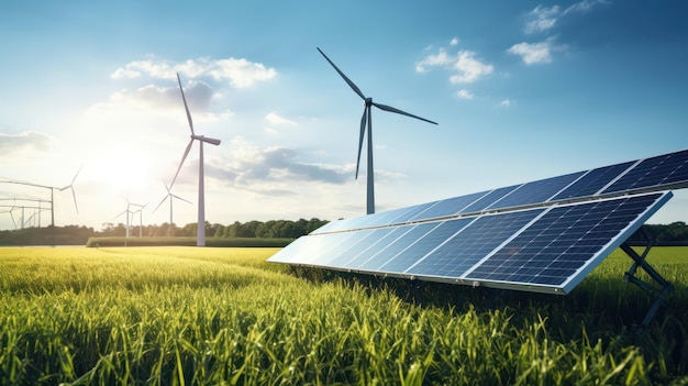 Solar panels and wind power generation equipment on a green farm