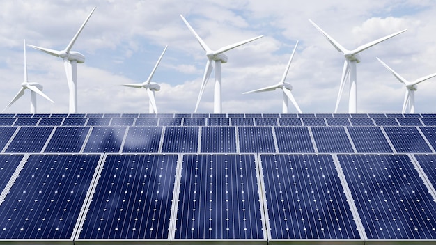 Solar panels and wind turbine on the sky background