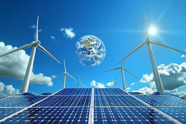 Solar Panels and Wind Turbines Against a Blue Sky