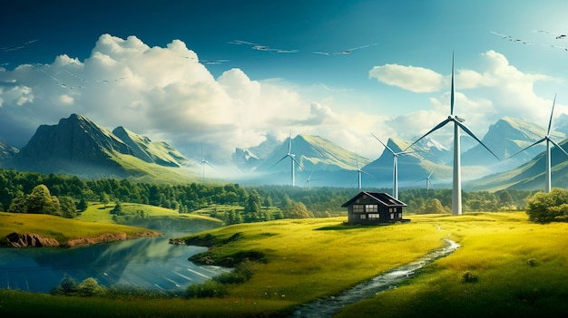 Solar panels and wind turbines on the field Generative AI illustrator