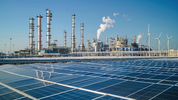 Solar panels and wind turbines at an oil refinery