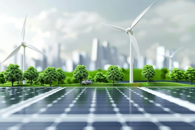 Solar Panels and Wind Turbines in Urban Green Park