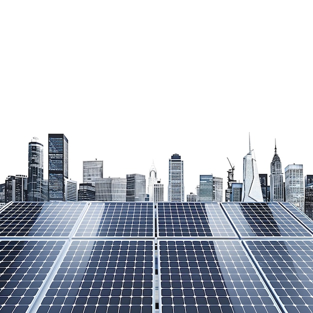 Photo solar panels with cityscape of modern city isolated on white background photo