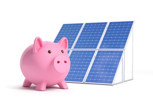 Solar panels with piggy bank isolated from background