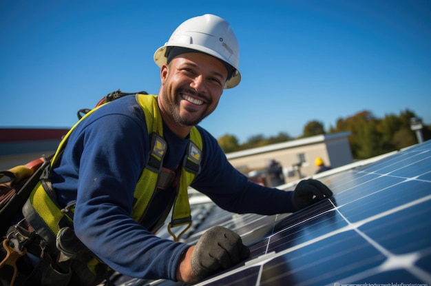 Photo solar panels worker installing concept