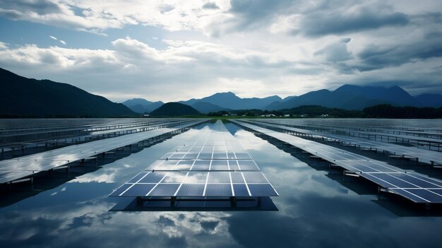 Solar power plant with panels on the reservoir against the background of beautiful nature at dawn The concept of renewable energy sources