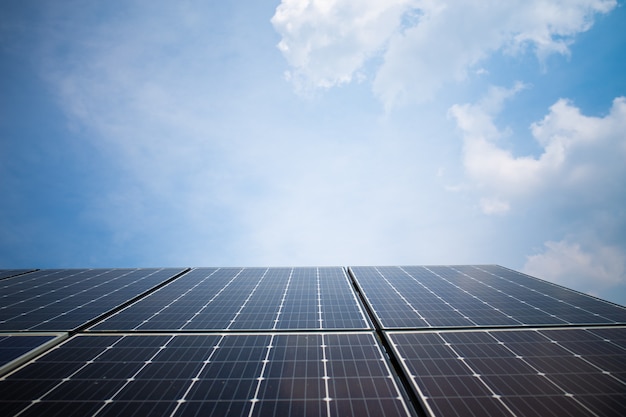 Solar Power Station on the summer with blue sky.