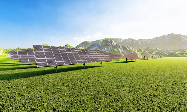 Solar power station with solar panels for producing electric power energy by green power from aerial view Technology and electrical industrial power plant concept 3D illustration rendering