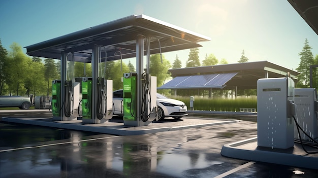 A solar powered car wash station surrounded by greenery