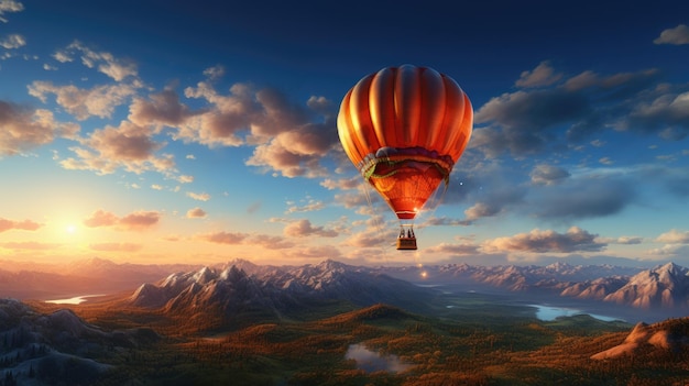 Solar powered hot air balloon floating through the sky Created with Generative AI technology