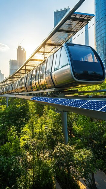 Photo solar powered monorail above green city park