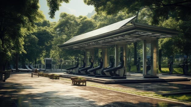 Solar powered outdoor gym in a park Created with Generative AI technology