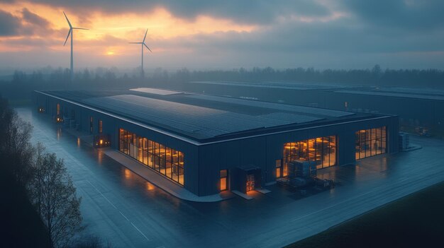 Photo solar powered warehouse with wind turbines at sunrise sustainable energy concept outdoors