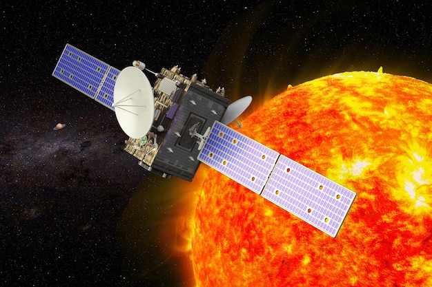 Solar probe orbiting Sun 3D rendering