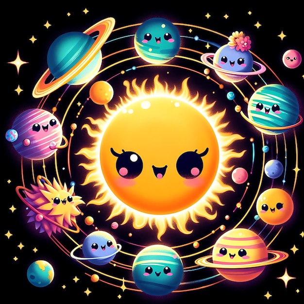 Solar system where each planet and celestial body sparkles with charm and personality Generated Ai