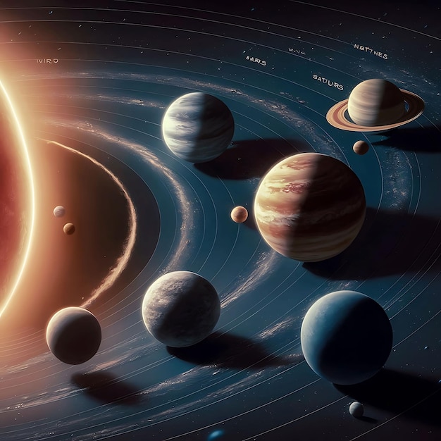 Solar system with planets in orbits path