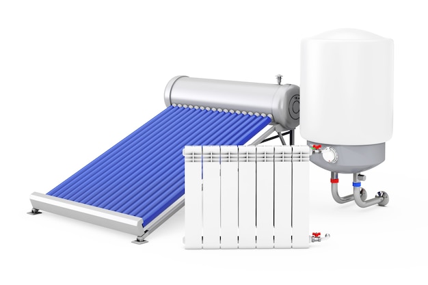 Solar Water Heater with Boiler and Radiator on a white background. 3d Rendering.