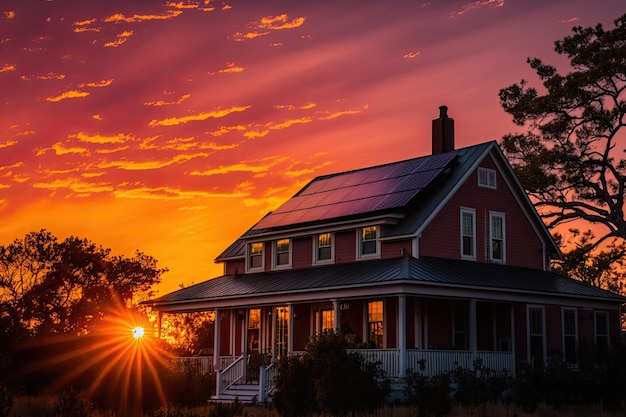 SolarPowered Home with Chimney and Colorful Sunset Sky in Background generative AI