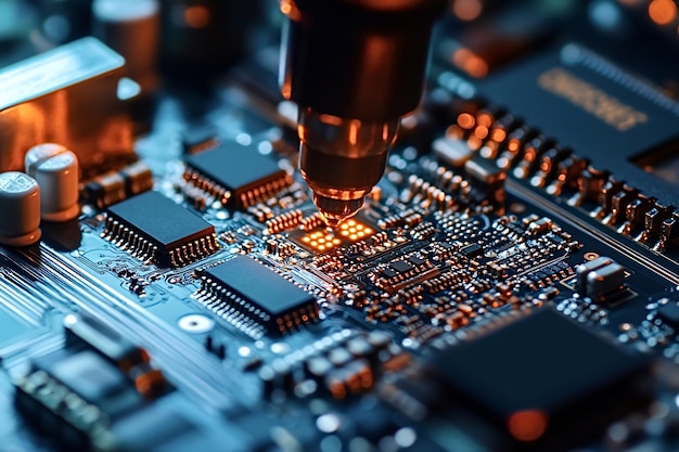 Photo soldering iron soldering microchip on circuit board in electronic device