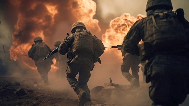 Soldier in Action Silhouette of unrecognized soldiers with rifle walk through smoke