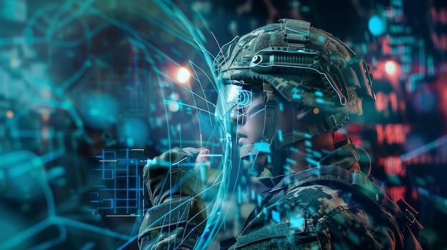 Photo a soldier in advanced gear shown in a hightech scenario with digital enhancements and holographic elements represents modern warfares complexity and innovation