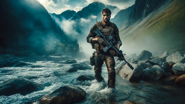 Soldier Advances Through Rocky Stream Under Misty Mountain Shadows