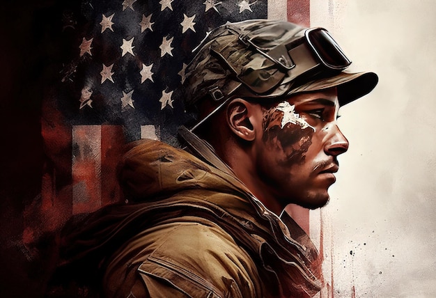 A soldier on the background of the American flag illustration AI generative