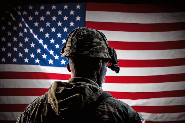 Soldier on the background of the American flag