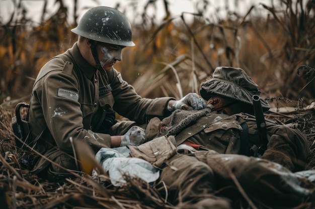 A soldier bandaging a wounded comrade on the battlefield AI generated