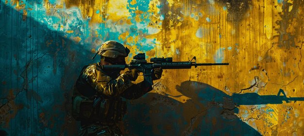 Soldier in Camouflage Aiming Rifle Against Yellow Wall