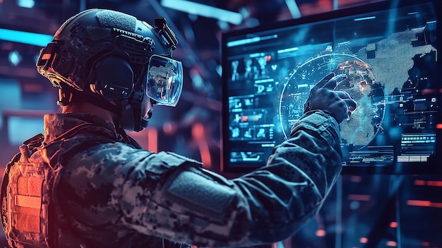 Photo soldier in camouflage using vr headset to engage with digital world map in futuristic command center