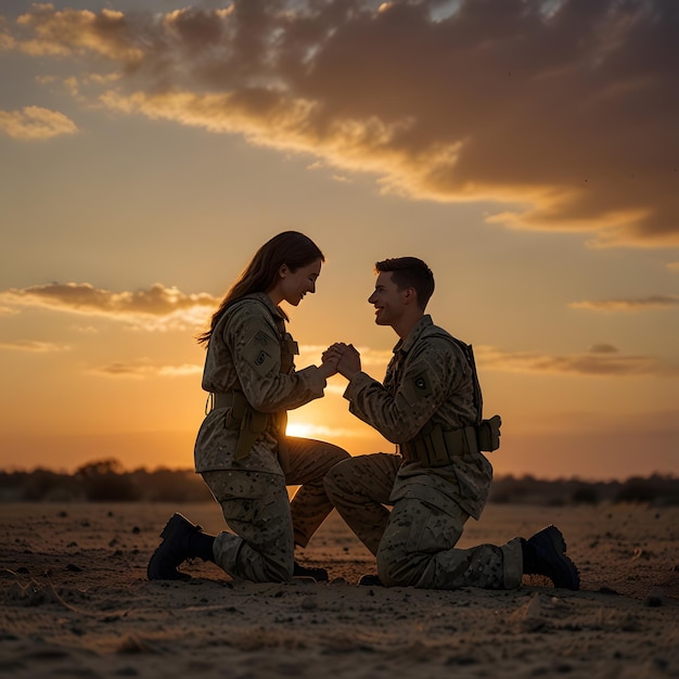 a soldier couple is holding hands and the sun is setting behind them