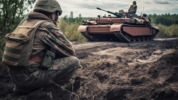 A soldier crouches in front of a tank that says'tank '