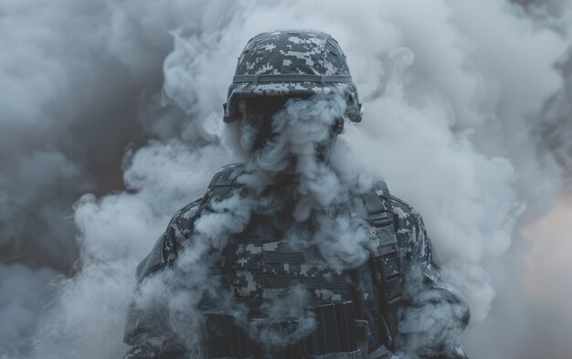 Soldier Enshrouded in Smoke Symbolizing the Veil of PTSD and Its Impact on Military Personnel