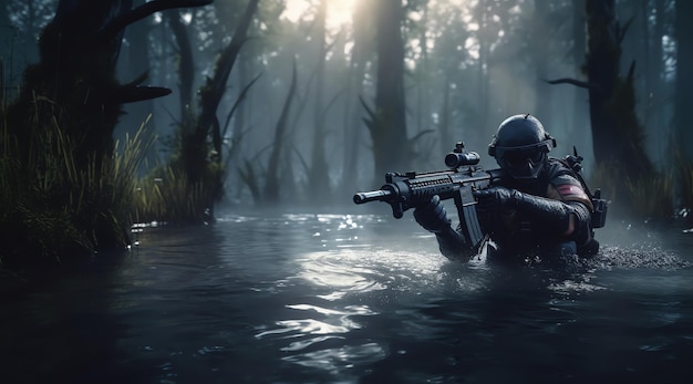 A soldier in a flooded area with a machine gun in the water.