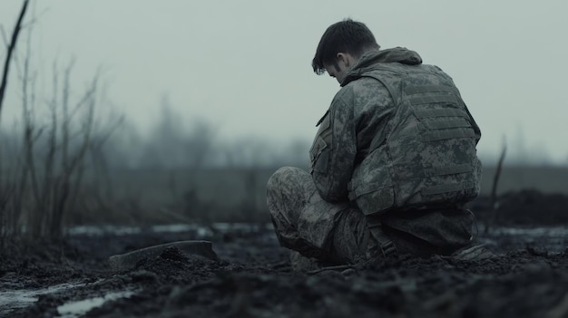 Photo soldier in the fog reflecting on the battlefield a lone soldier sits in a muddy field surro