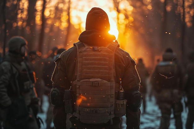 A soldier in a forest at sunset