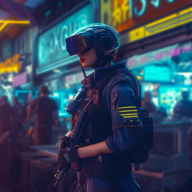 A soldier in front of a neon store that says'cyberpunk'on it